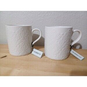 Morris & Co Coffee Tea Mug Set Fine Porcelain White Garden Floral Embossed 2 Pcs